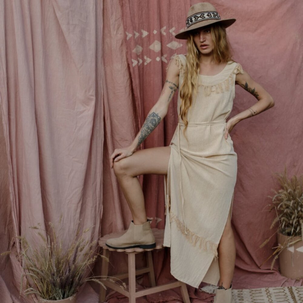 Women's Cream Maxi Dress with Fringe Detail